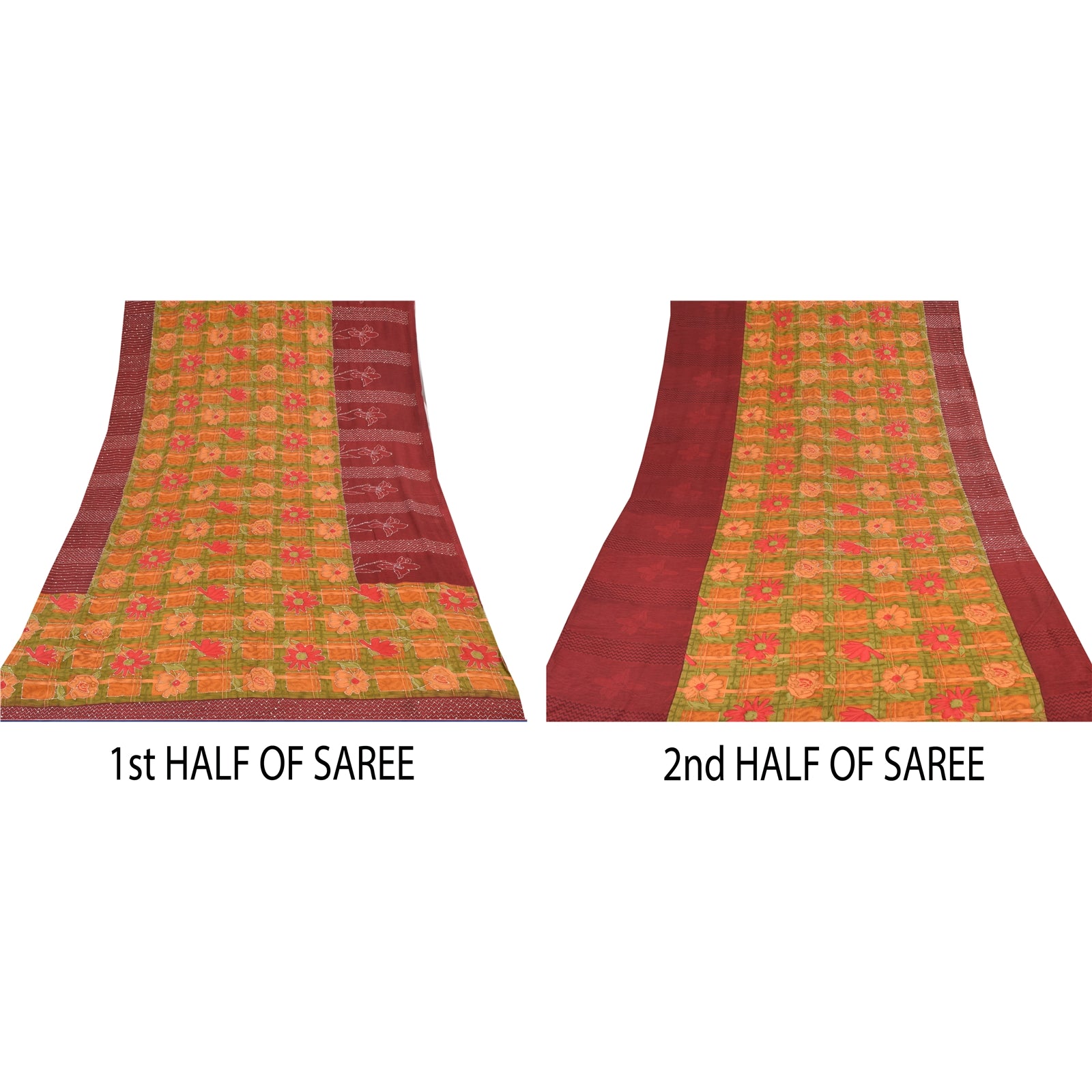 Sanskriti Vintage Sarees Hand Bead Kantha Pure Crepe Silk Print Sari 5yd Sustainable Fabric