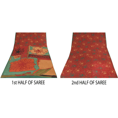 Санскритские винтажные сари красного цвета 100% чистый креп шелк напечатанное сари 5 ярдов ремесленная устойчивая ткань