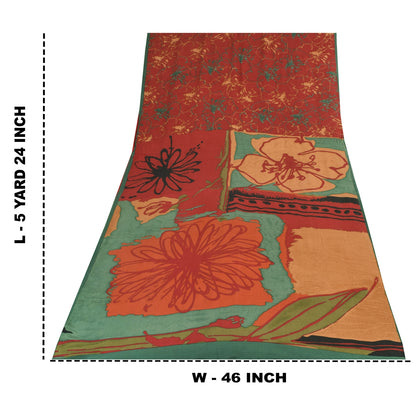 Санскритские винтажные сари красного цвета 100% чистый креп шелк напечатанное сари 5 ярдов ремесленная устойчивая ткань