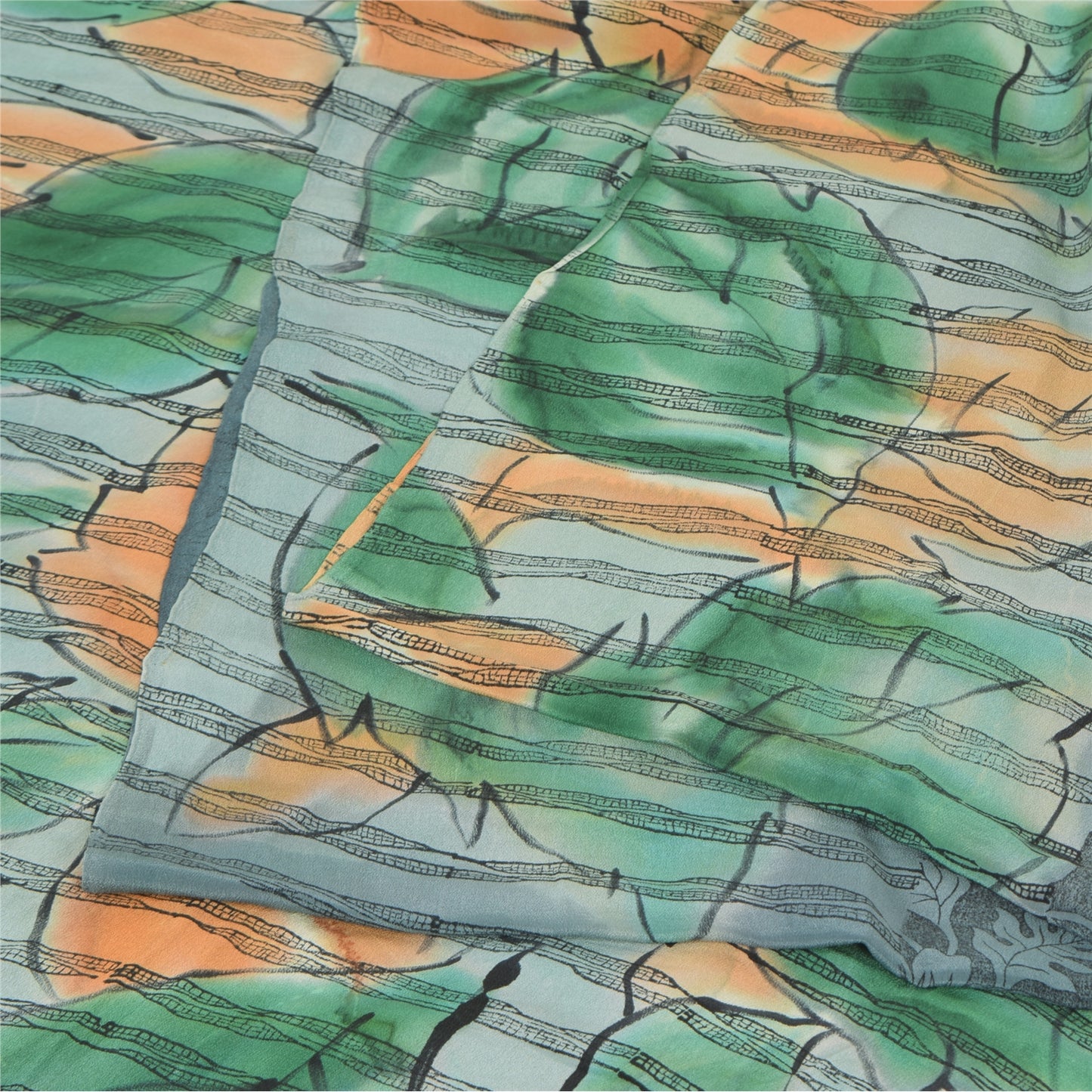 Sanskriti Vintage Sarees Black Pure Crepe Silk Printed Sari 5yd Craft Sustainable Fabric