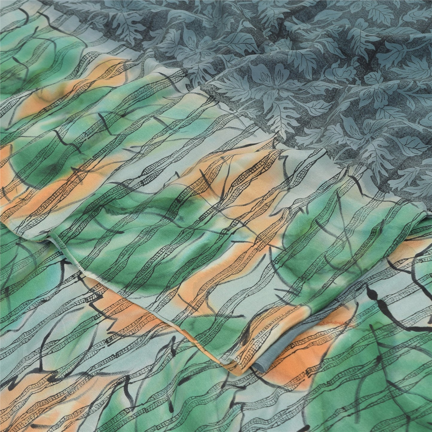 Sanskriti Vintage Sarees Black Pure Crepe Silk Printed Sari 5yd Craft Sustainable Fabric