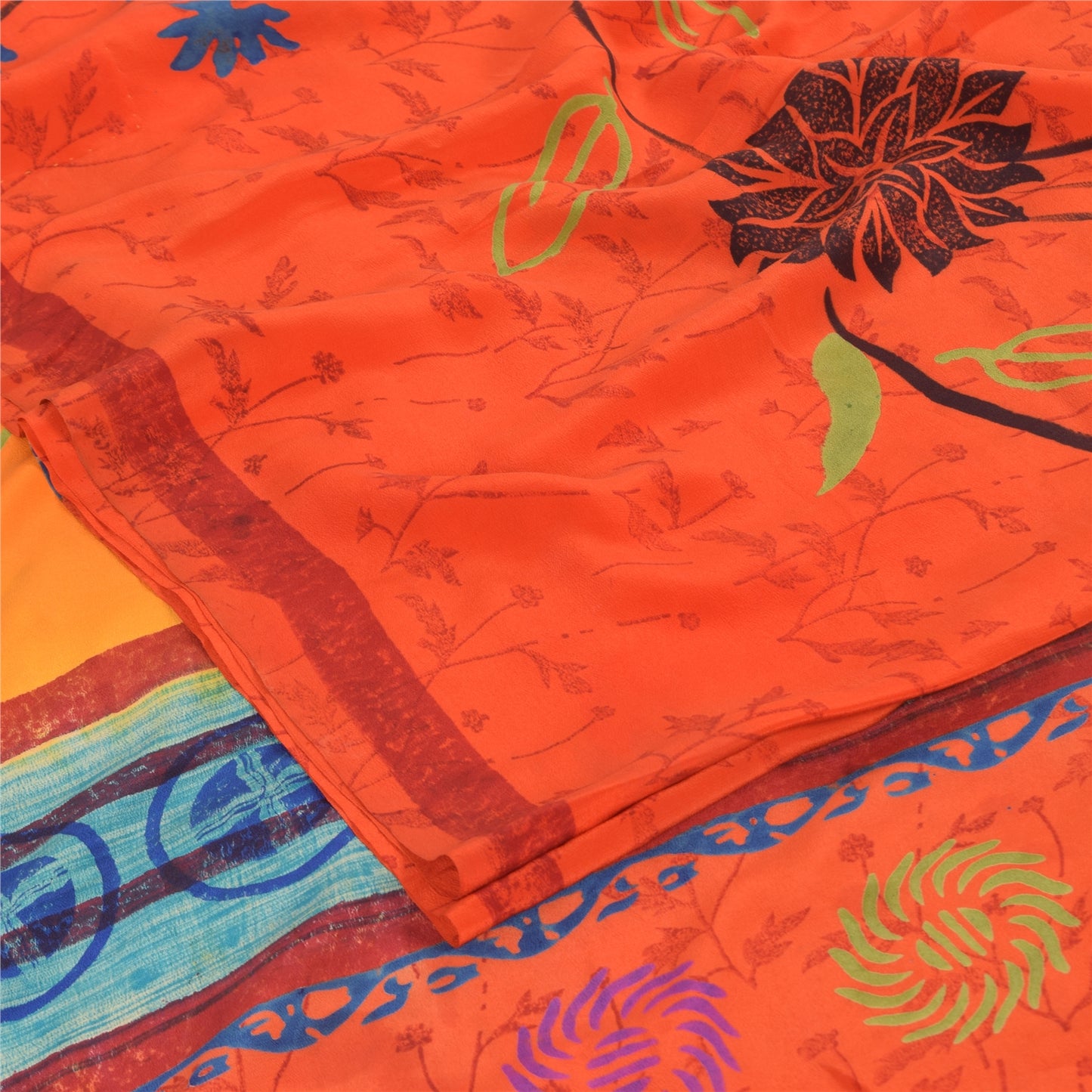 Sanskriti Vintage Sarees Orange Pure Crepe Silk Printed Sari 6yd Craft Sustainable Fabric