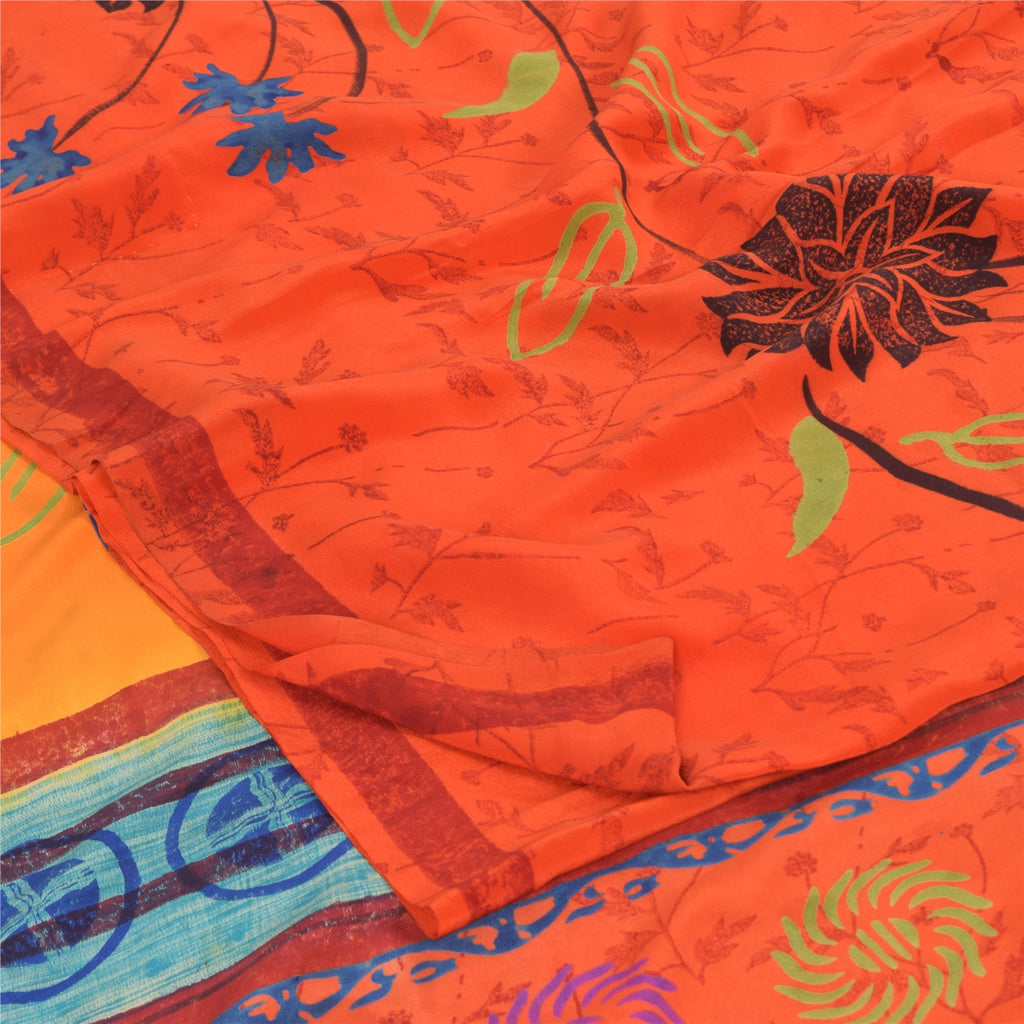 Sanskriti Vintage Sarees Orange Pure Crepe Silk Printed Sari 6yd Craft Sustainable Fabric