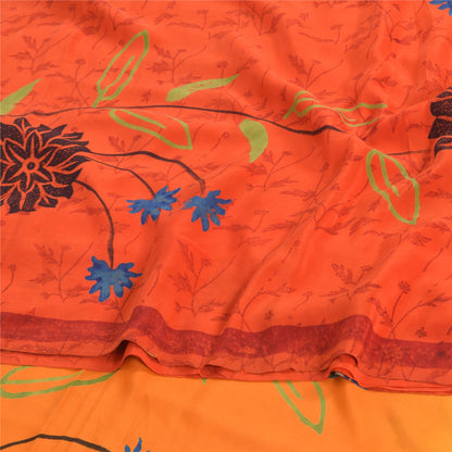 Sanskriti Vintage Sarees Orange Pure Crepe Silk Printed Sari 6yd Craft Sustainable Fabric
