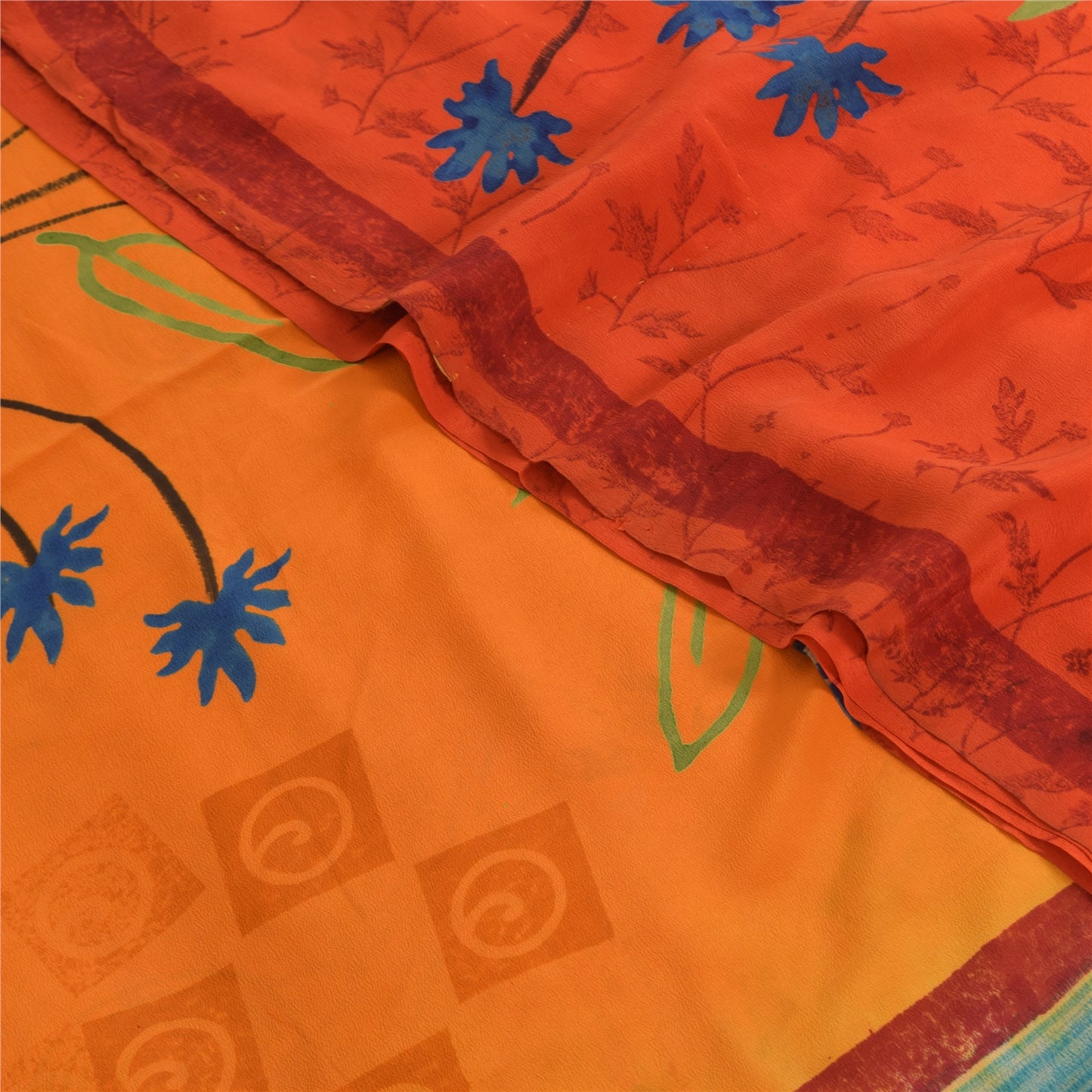 Sanskriti Vintage Sarees Orange Pure Crepe Silk Printed Sari 6yd Craft Sustainable Fabric
