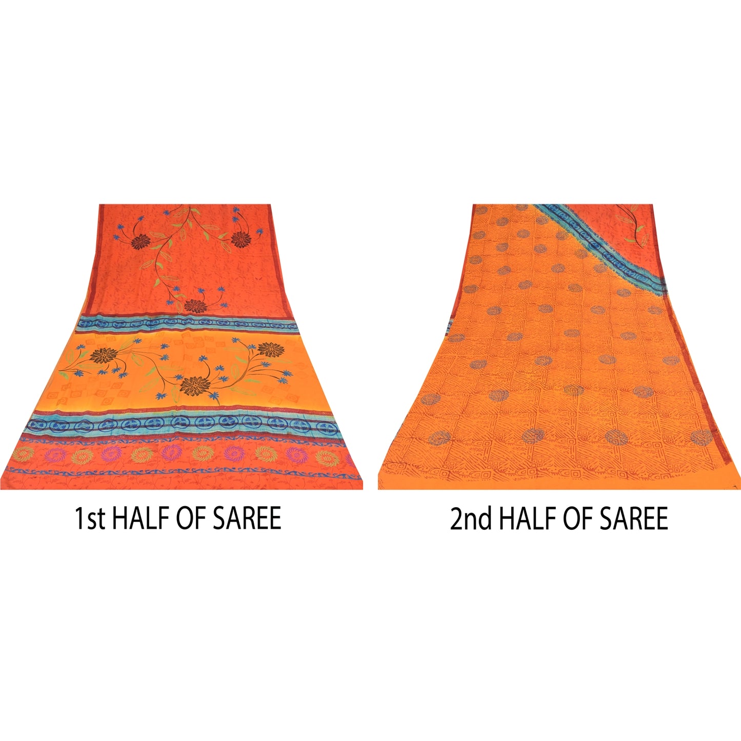 Sanskriti Vintage Sarees Orange Pure Crepe Silk Printed Sari 6yd Craft Sustainable Fabric