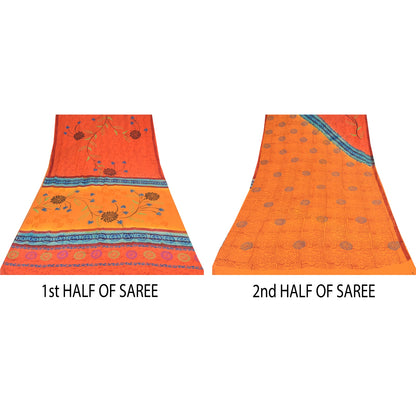 Sanskriti Vintage Sarees Orange Pure Crepe Silk Printed Sari 6yd Craft Sustainable Fabric