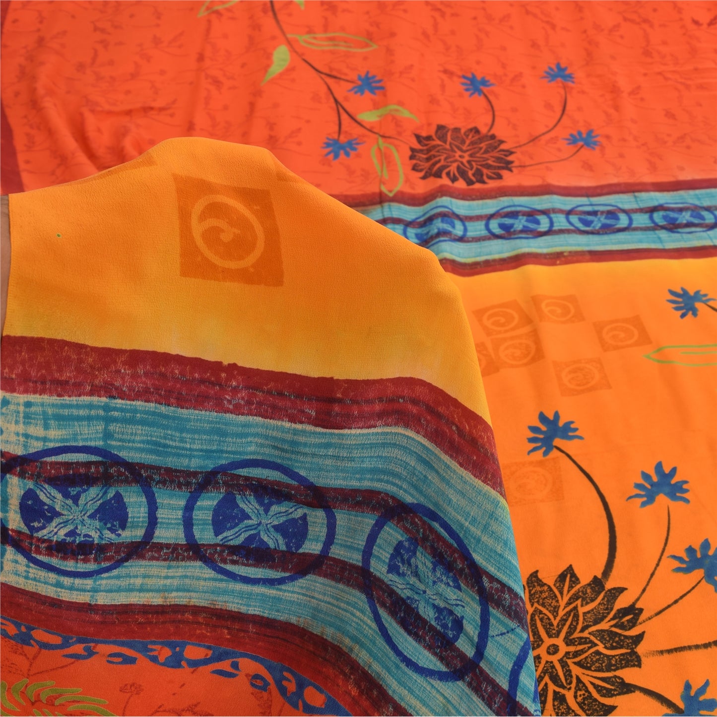 Sanskriti Vintage Sarees Orange Pure Crepe Silk Printed Sari 6yd Craft Sustainable Fabric