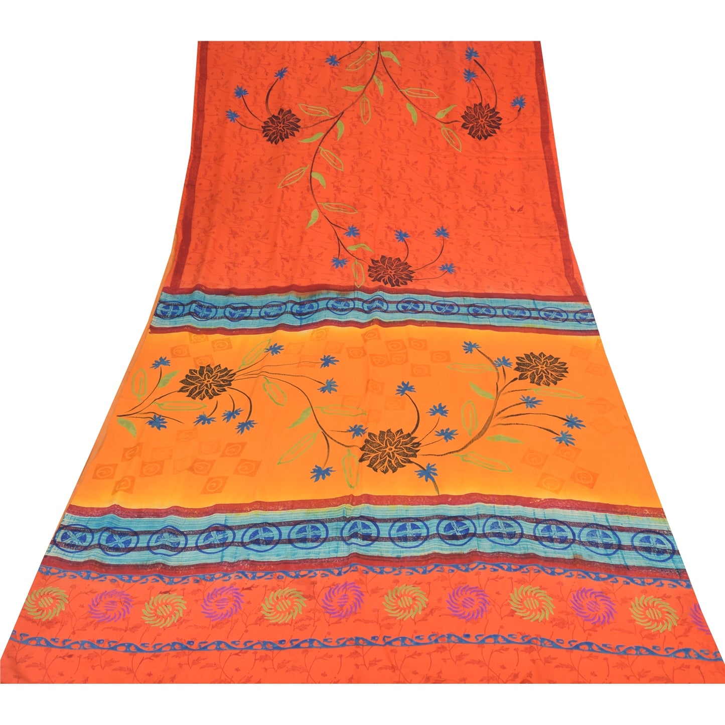 Sanskriti Vintage Sarees Orange Pure Crepe Silk Printed Sari 6yd Craft Sustainable Fabric