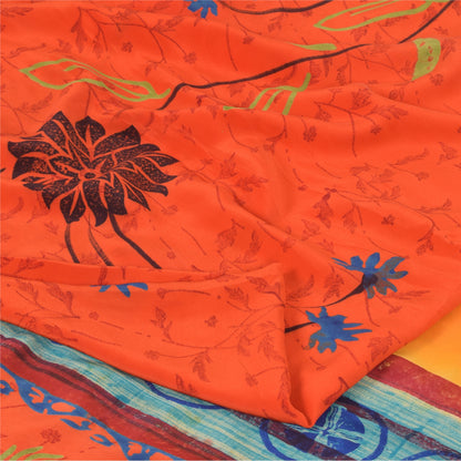 Sanskriti Vintage Sarees Orange Pure Crepe Silk Printed Sari 6yd Craft Sustainable Fabric