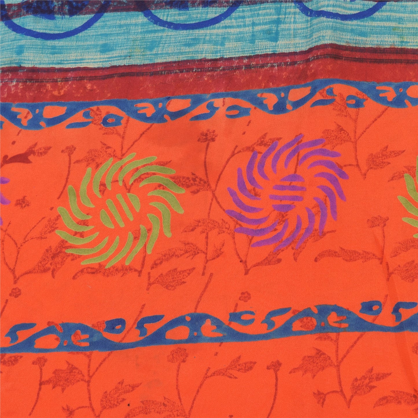 Sanskriti Vintage Sarees Orange Pure Crepe Silk Printed Sari 6yd Craft Sustainable Fabric