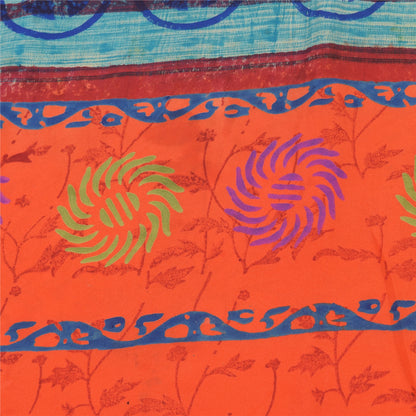 Sanskriti Vintage Sarees Orange Pure Crepe Silk Printed Sari 6yd Craft Sustainable Fabric