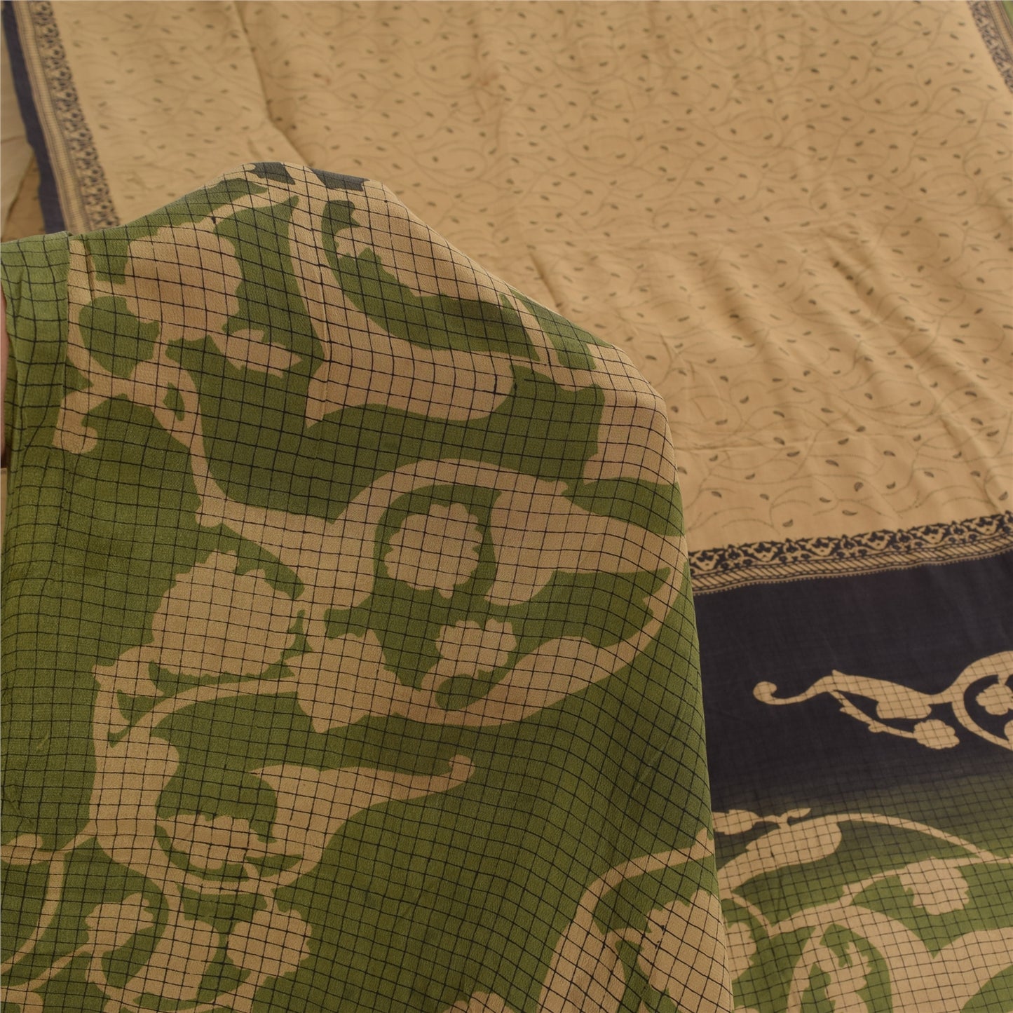 Sanskriti Vintage Sarees Light-Brown Pure Crepe Silk Print Sari 5yd Craft Sustainable Fabric