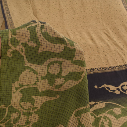 Sanskriti Vintage Sarees Light-Brown Pure Crepe Silk Print Sari 5yd Craft Sustainable Fabric