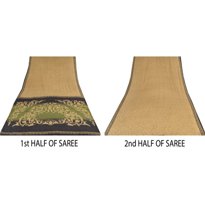 Sanskriti Vintage Sarees Light-Brown Pure Crepe Silk Print Sari 5yd Craft Sustainable Fabric