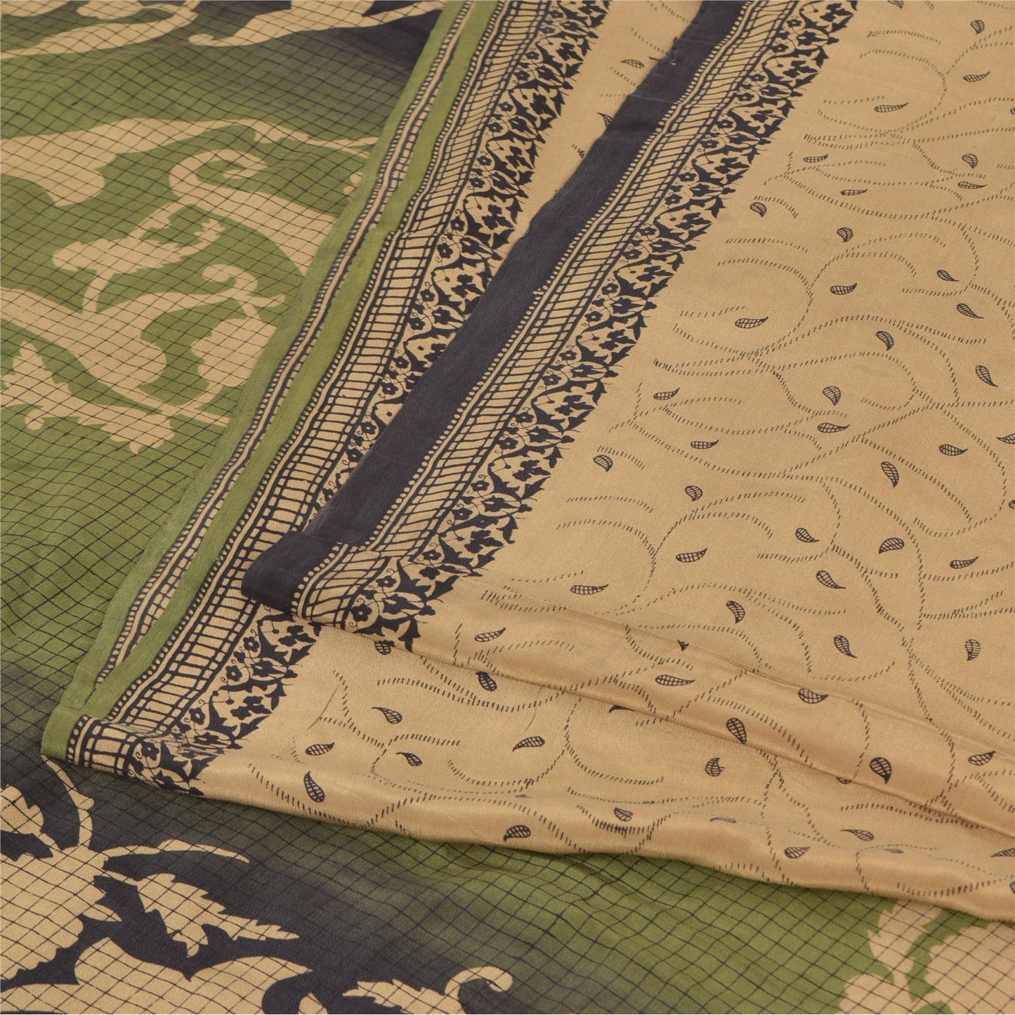 Sanskriti Vintage Sarees Light-Brown Pure Crepe Silk Print Sari 5yd Craft Sustainable Fabric