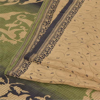 Sanskriti Vintage Sarees Light-Brown Pure Crepe Silk Print Sari 5yd Craft Sustainable Fabric