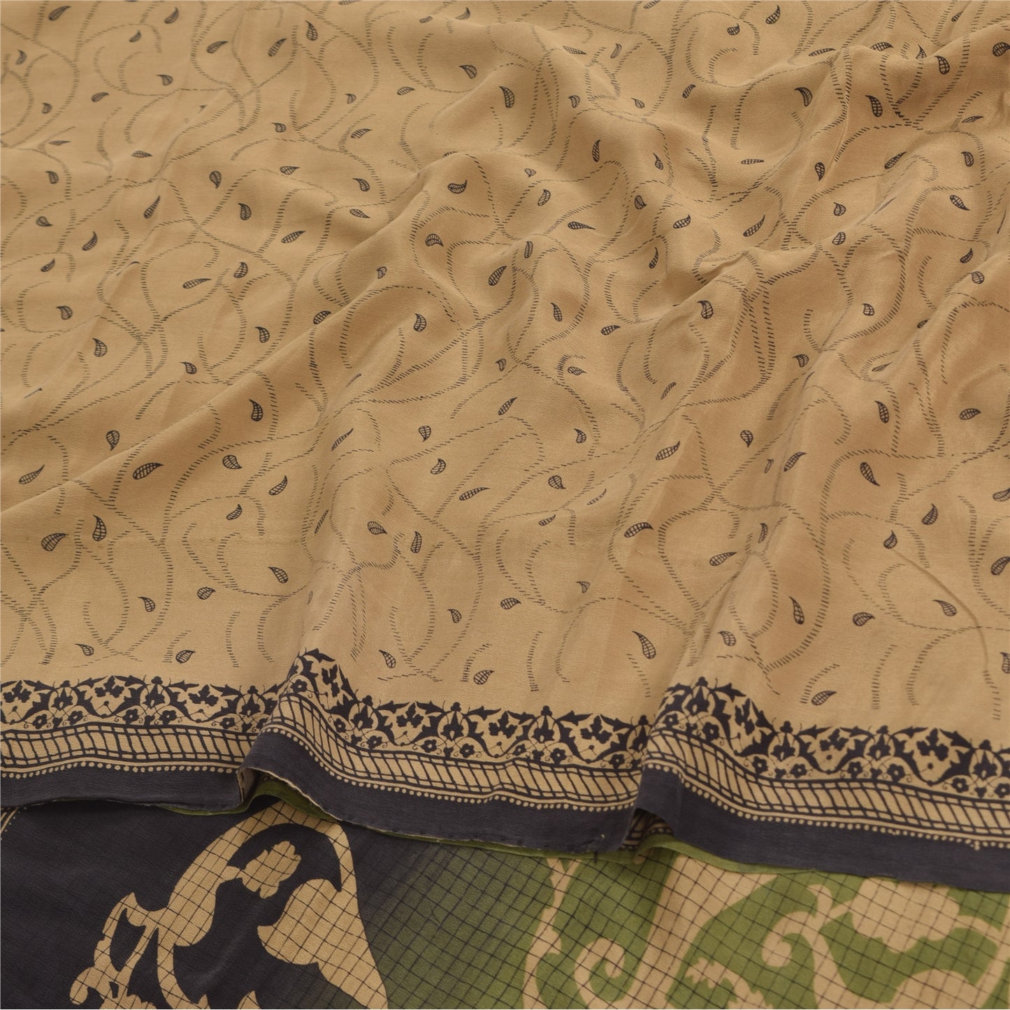 Sanskriti Vintage Sarees Light-Brown Pure Crepe Silk Print Sari 5yd Craft Sustainable Fabric