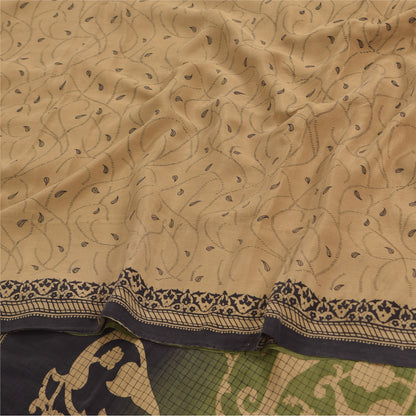Sanskriti Vintage Sarees Light-Brown Pure Crepe Silk Print Sari 5yd Craft Sustainable Fabric