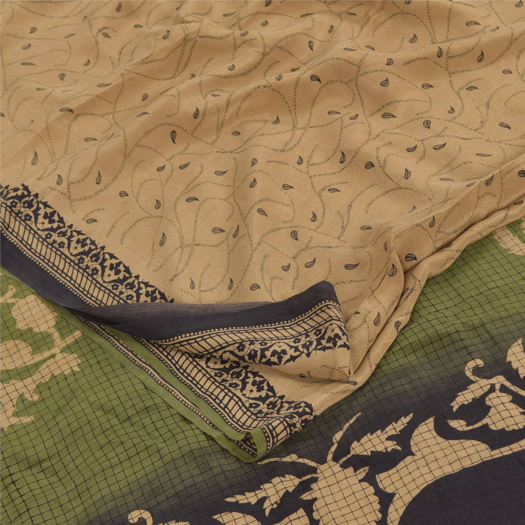 Sanskriti Vintage Sarees Light-Brown Pure Crepe Silk Print Sari 5yd Craft Sustainable Fabric