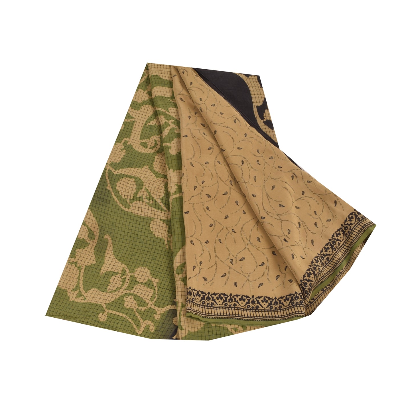 Sanskriti Vintage Sarees Light-Brown Pure Crepe Silk Print Sari 5yd Craft Sustainable Fabric