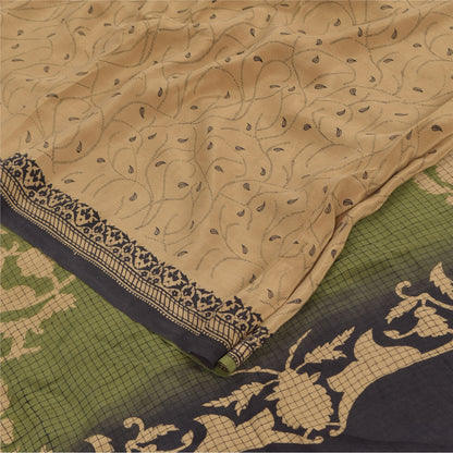 Sanskriti Vintage Sarees Light-Brown Pure Crepe Silk Print Sari 5yd Craft Sustainable Fabric