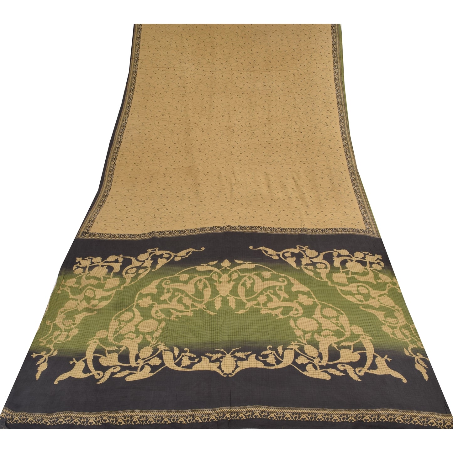 Sanskriti Vintage Sarees Light-Brown Pure Crepe Silk Print Sari 5yd Craft Sustainable Fabric