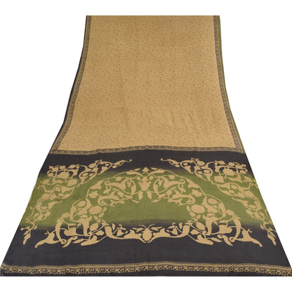 Sanskriti Vintage Sarees Light-Brown Pure Crepe Silk Print Sari 5yd Craft Sustainable Fabric