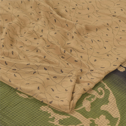 Sanskriti Vintage Sarees Light-Brown Pure Crepe Silk Print Sari 5yd Craft Sustainable Fabric