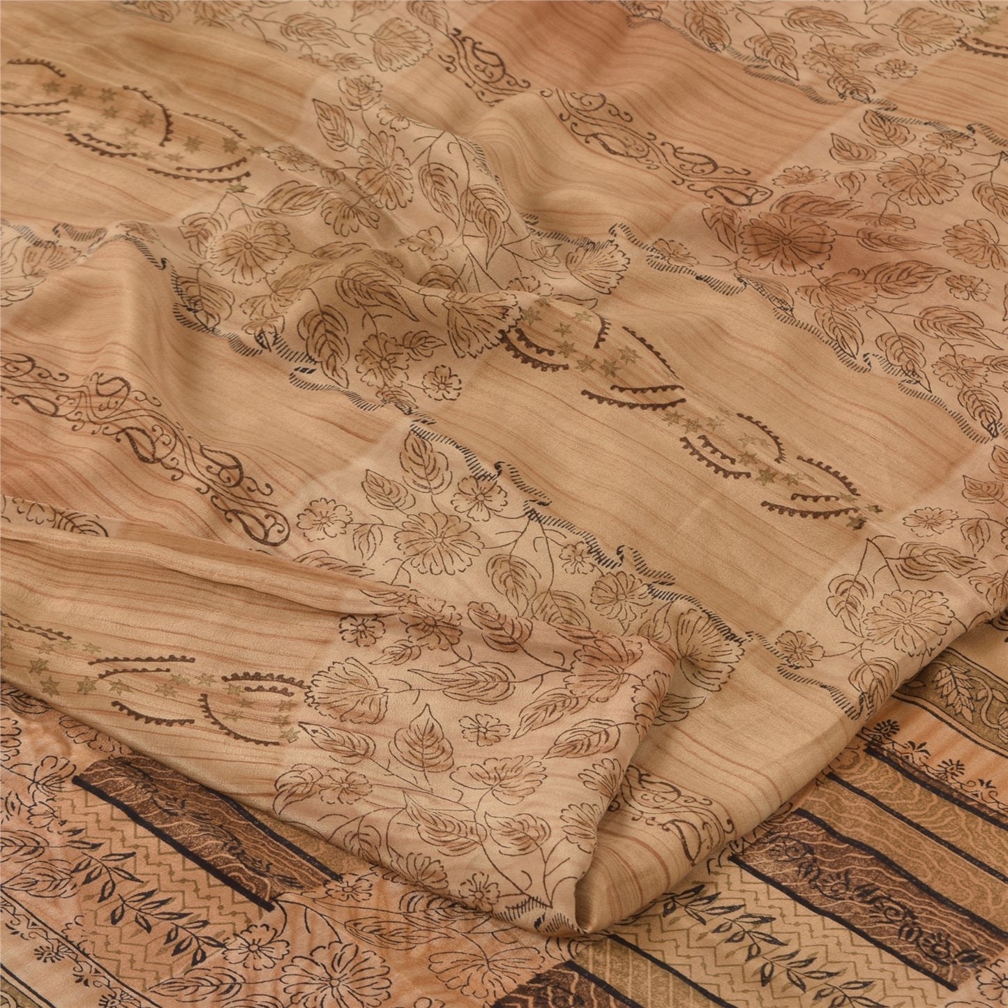Sanskriti Vintage Sarees Brown Pure Crepe Silk Printed Sari 5yd Craft Sustainable Fabric