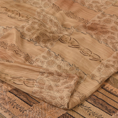 Sanskriti Vintage Sarees Brown Pure Crepe Silk Printed Sari 5yd Craft Sustainable Fabric