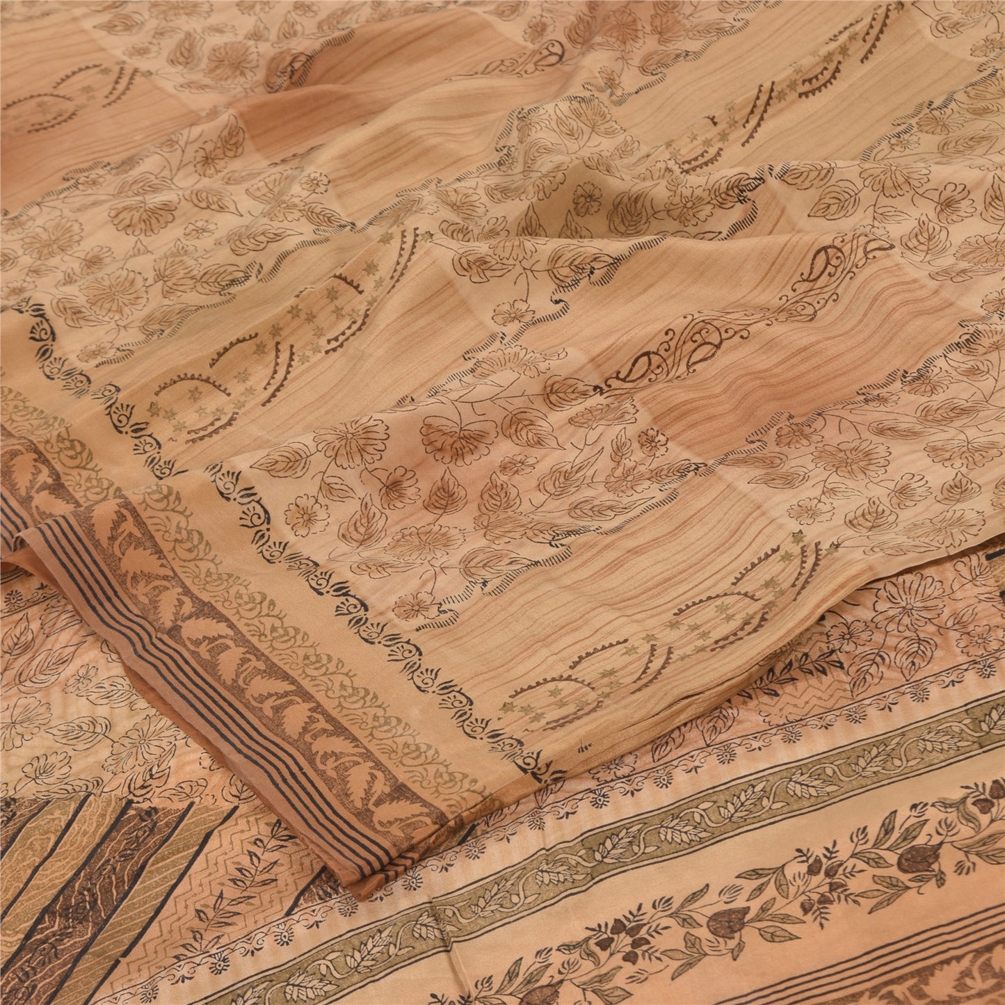 Sanskriti Vintage Sarees Brown Pure Crepe Silk Printed Sari 5yd Craft Sustainable Fabric