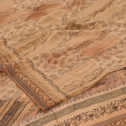 Sanskriti Vintage Sarees Brown Pure Crepe Silk Printed Sari 5yd Craft Sustainable Fabric