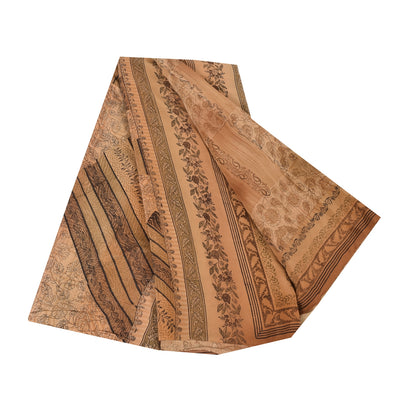 Sanskriti Vintage Sarees Brown Pure Crepe Silk Printed Sari 5yd Craft Sustainable Fabric