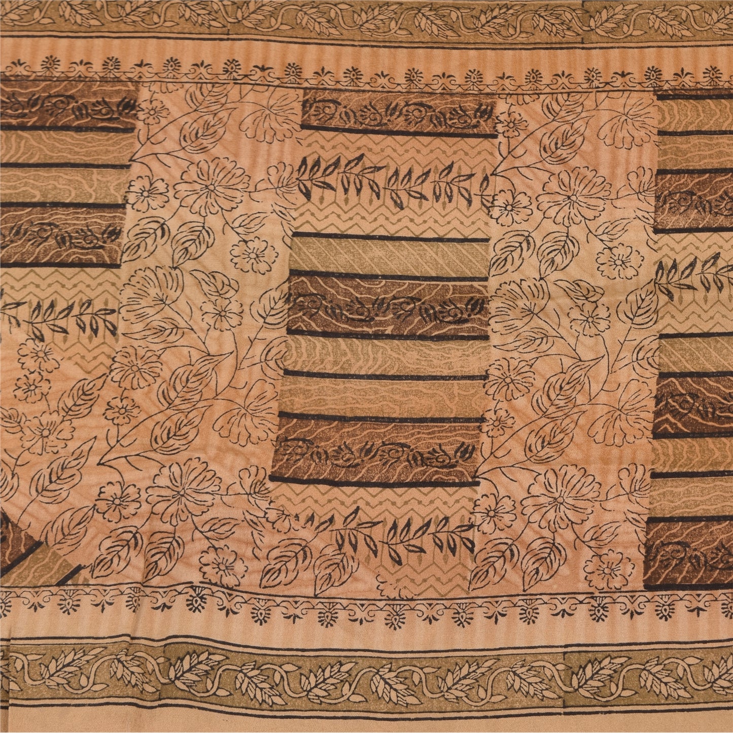 Sanskriti Vintage Sarees Brown Pure Crepe Silk Printed Sari 5yd Craft Sustainable Fabric