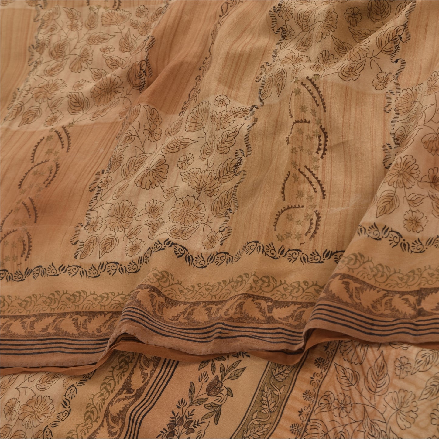 Sanskriti Vintage Sarees Brown Pure Crepe Silk Printed Sari 5yd Craft Sustainable Fabric