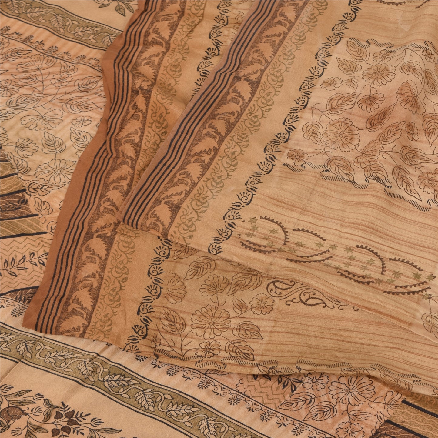 Sanskriti Vintage Sarees Brown Pure Crepe Silk Printed Sari 5yd Craft Sustainable Fabric