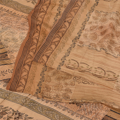 Sanskriti Vintage Sarees Brown Pure Crepe Silk Printed Sari 5yd Craft Sustainable Fabric