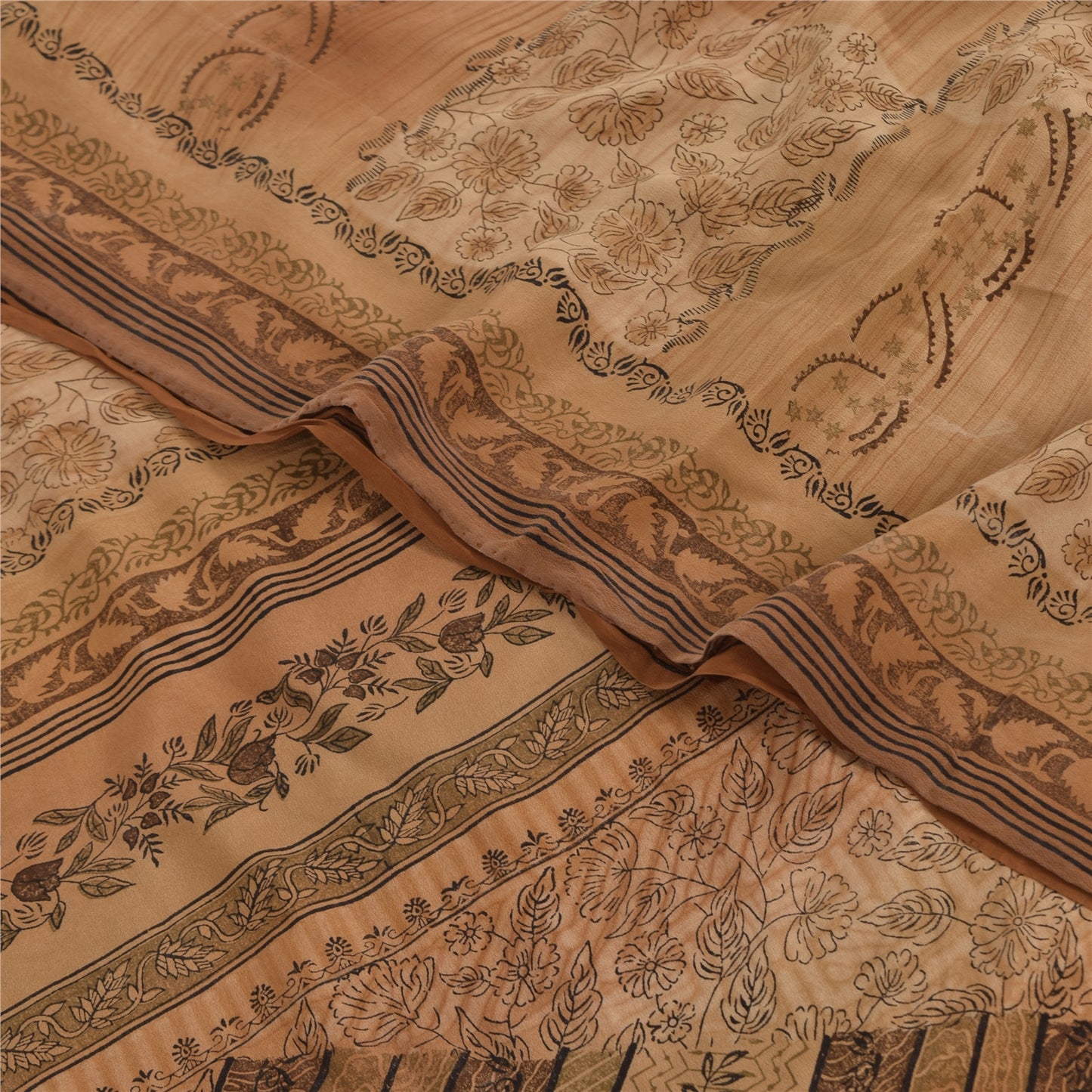 Sanskriti Vintage Sarees Brown Pure Crepe Silk Printed Sari 5yd Craft Sustainable Fabric