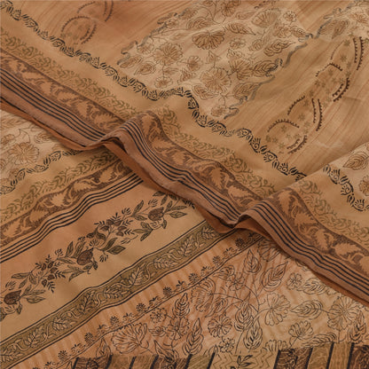 Sanskriti Vintage Sarees Brown Pure Crepe Silk Printed Sari 5yd Craft Sustainable Fabric
