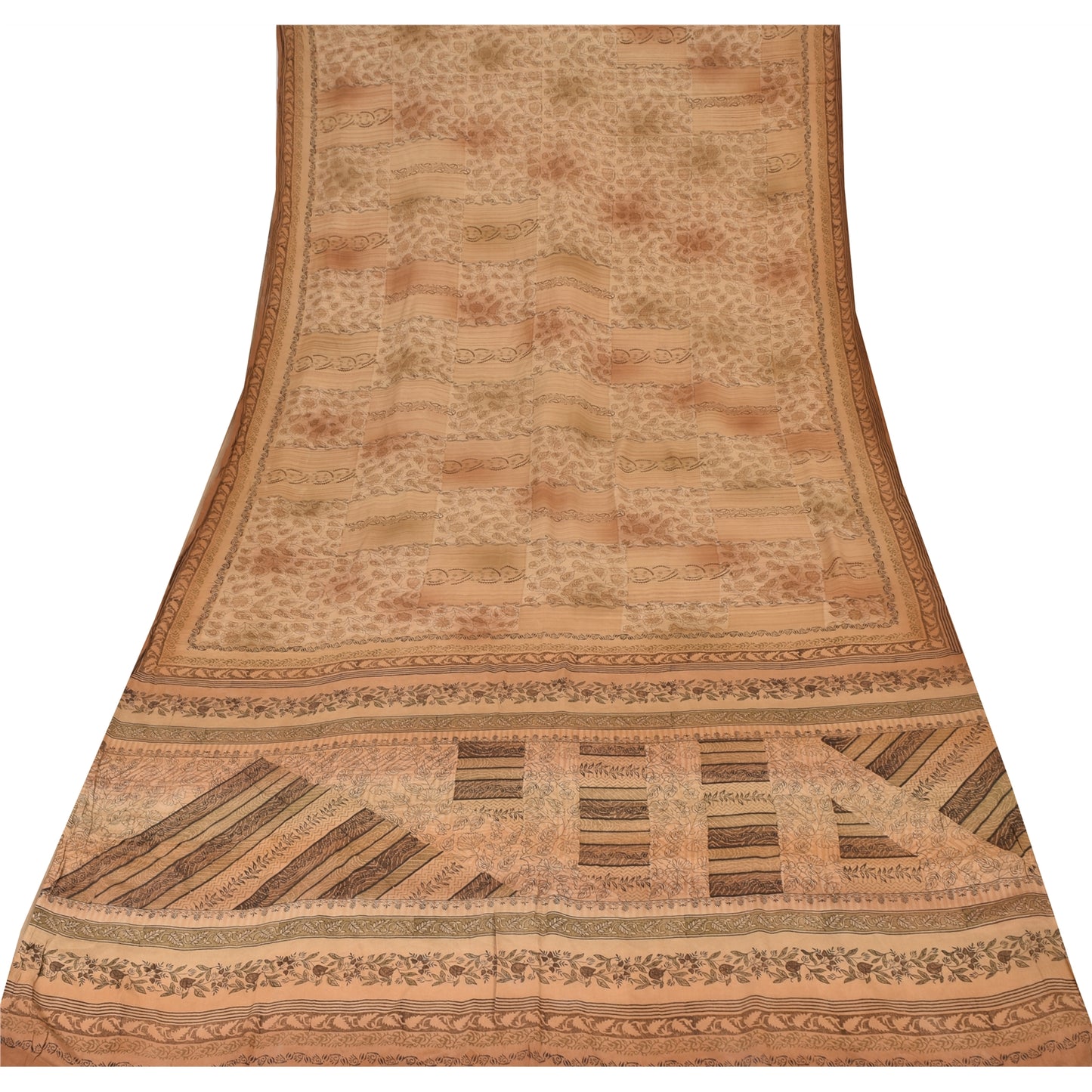 Sanskriti Vintage Sarees Brown Pure Crepe Silk Printed Sari 5yd Craft Sustainable Fabric
