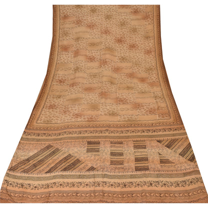 Sanskriti Vintage Sarees Brown Pure Crepe Silk Printed Sari 5yd Craft Sustainable Fabric