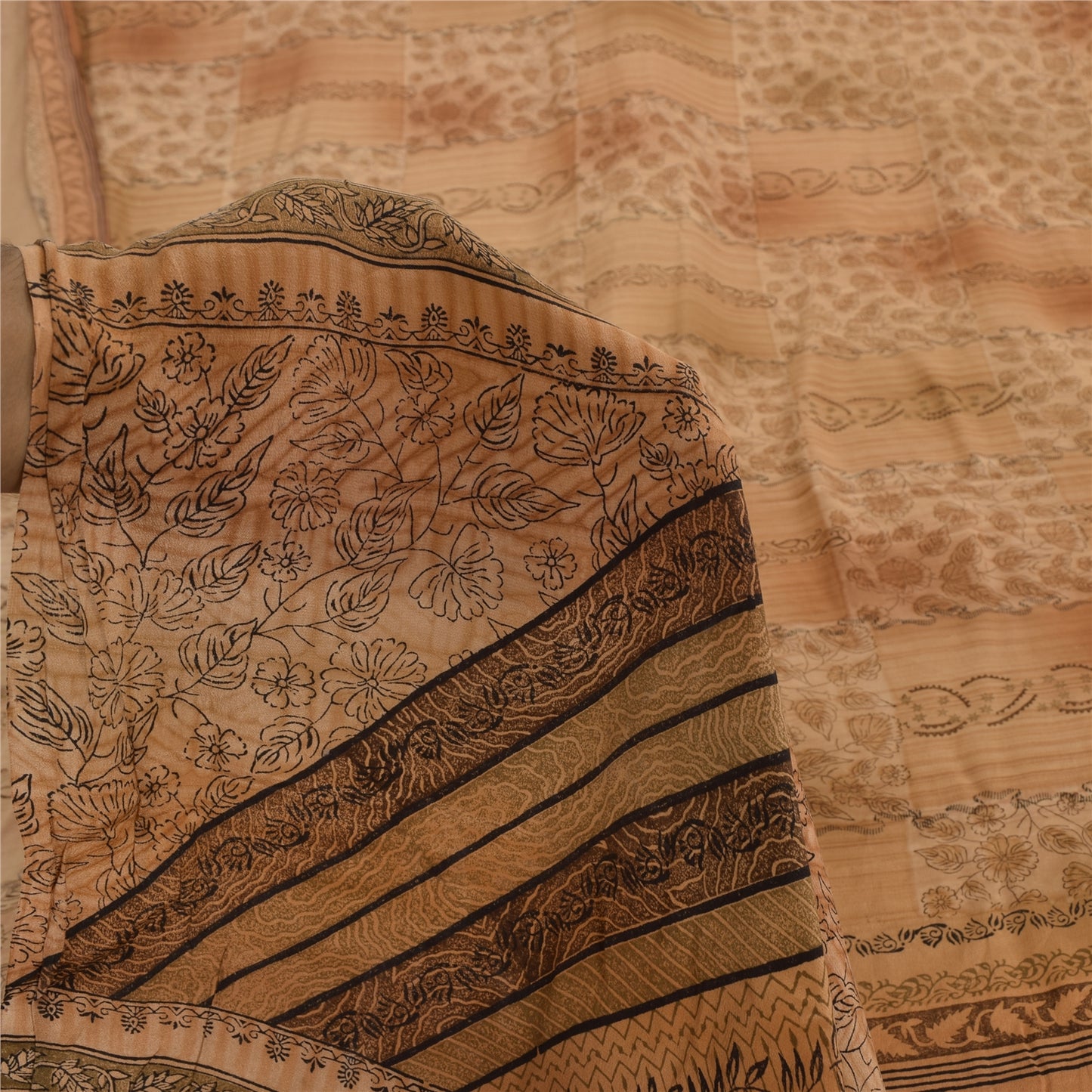 Sanskriti Vintage Sarees Brown Pure Crepe Silk Printed Sari 5yd Craft Sustainable Fabric