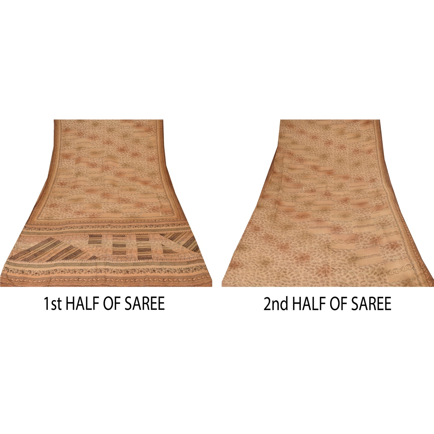 Sanskriti Vintage Sarees Brown Pure Crepe Silk Printed Sari 5yd Craft Sustainable Fabric