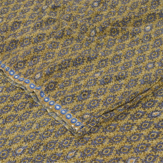 Sanskriti Vintage Sarees Green Hand Beaded Pure Crepe Silk Print Sari 5yd Fabric