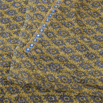 Sanskriti Vintage Sarees Green Hand Beaded Pure Crepe Silk Print Sari 5yd Fabric