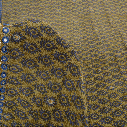 Sanskriti Vintage Sarees Green Hand Beaded Pure Crepe Silk Print Sari 5yd Fabric