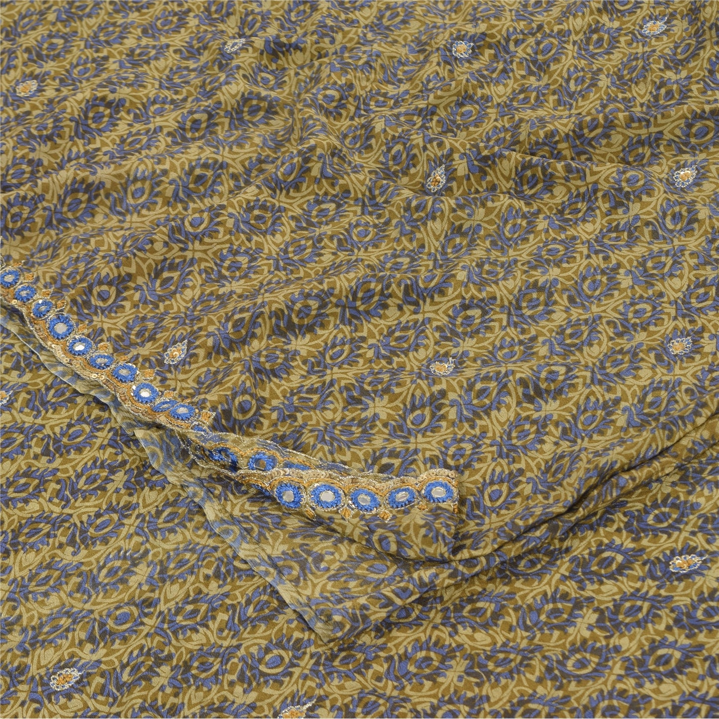 Sanskriti Vintage Sarees Green Hand Beaded Pure Crepe Silk Print Sari 5yd Fabric