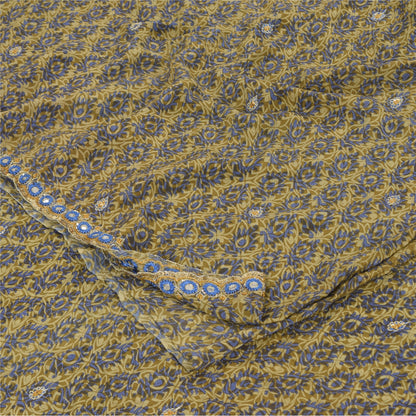 Sanskriti Vintage Sarees Green Hand Beaded Pure Crepe Silk Print Sari 5yd Fabric