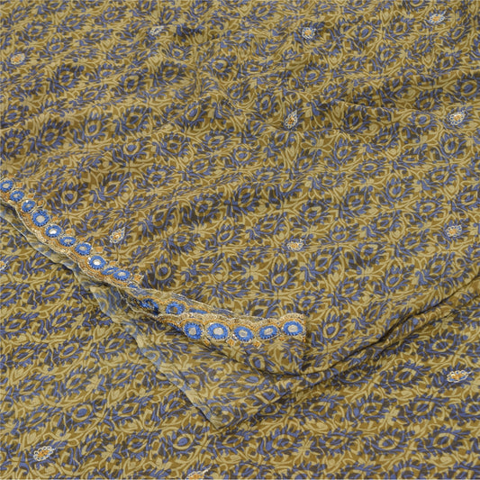 Sanskriti Vintage Sarees Green Hand Beaded Pure Crepe Silk Print Sari 5yd Fabric